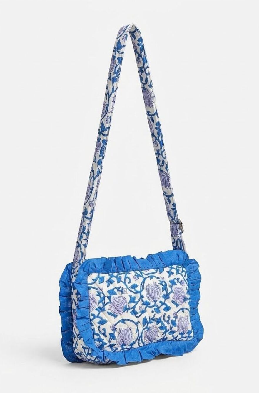 #282. POL Blue Boho Ruffle Trim Quilted Cotton Crossbody NWT